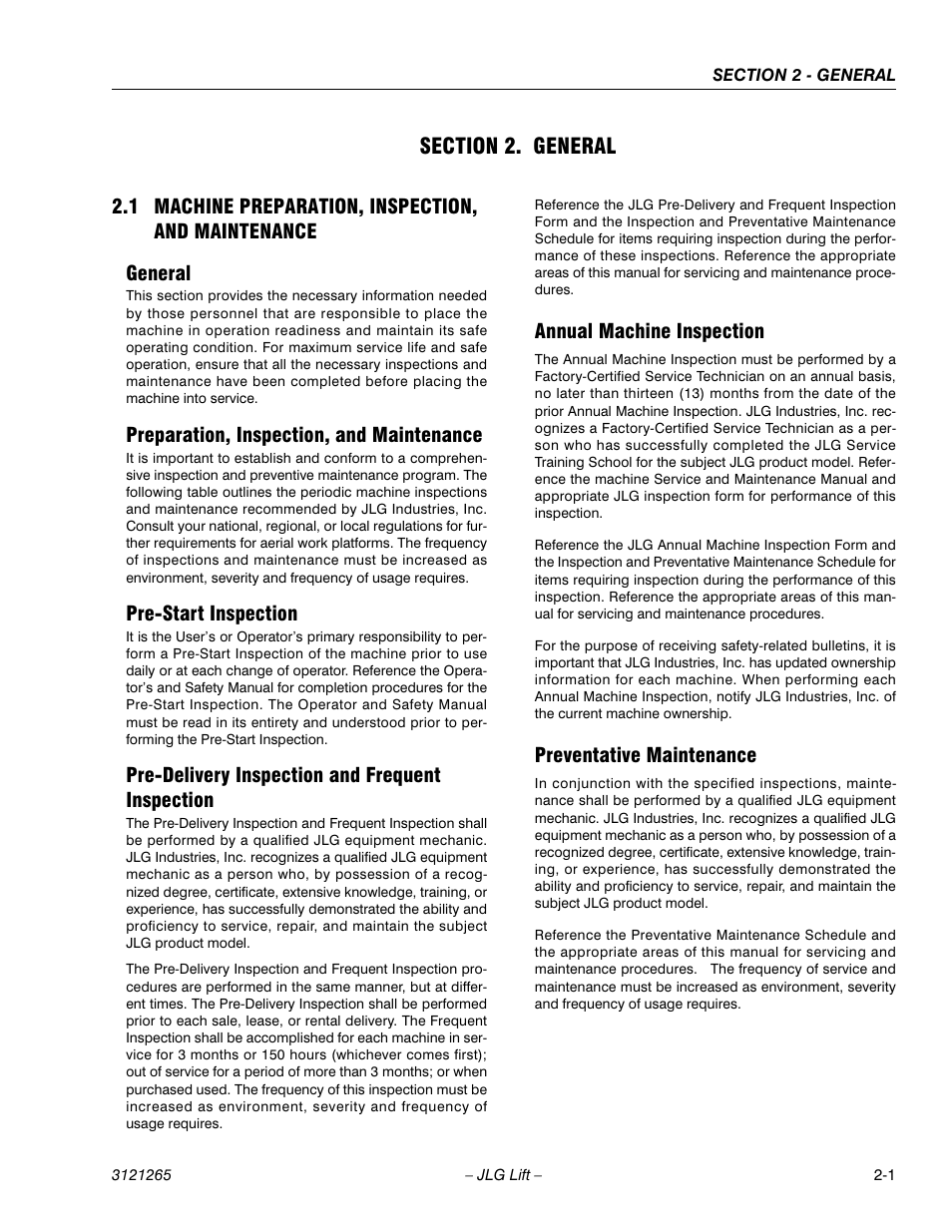 Section 2. general, 1 machine preparation, inspection, and maintenance, General | Preparation, inspection, and maintenance, Pre-start inspection, Pre-delivery inspection and frequent inspection, Annual machine inspection, Preventative maintenance, Section 2 - general | JLG 1100SB Service Manual User Manual | Page 33 / 444