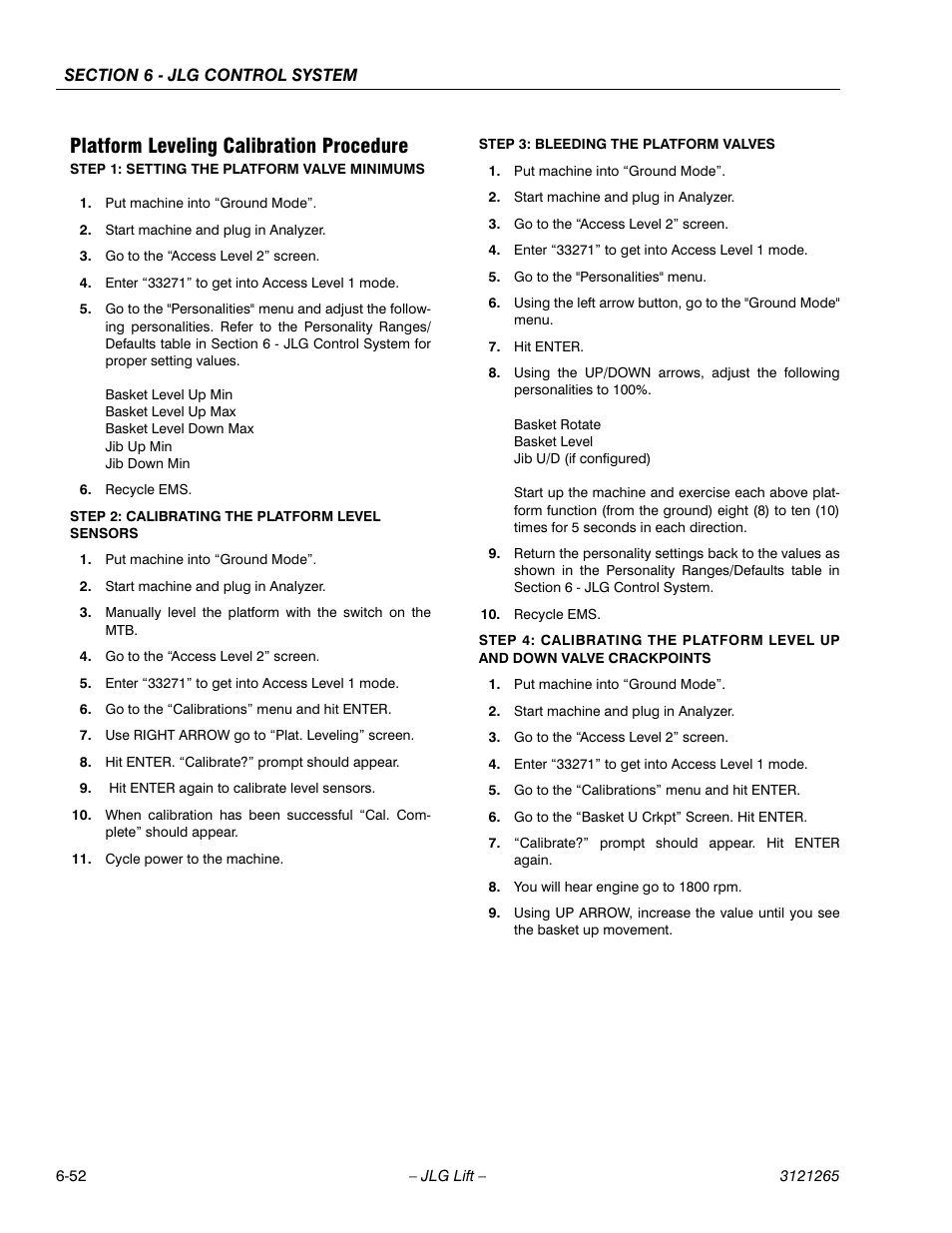 Platform leveling calibration procedure, Platform leveling calibration procedure -52 | JLG 1100SB Service Manual User Manual | Page 336 / 444