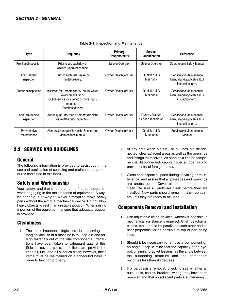 2 service and guidelines, General, Safety and workmanship | Cleanliness, Components removal and installation, Service and guidelines -2, Inspection and maintenance -2, 2 service and guidelines general | JLG 1100SB Service Manual User Manual | Page 34 / 444