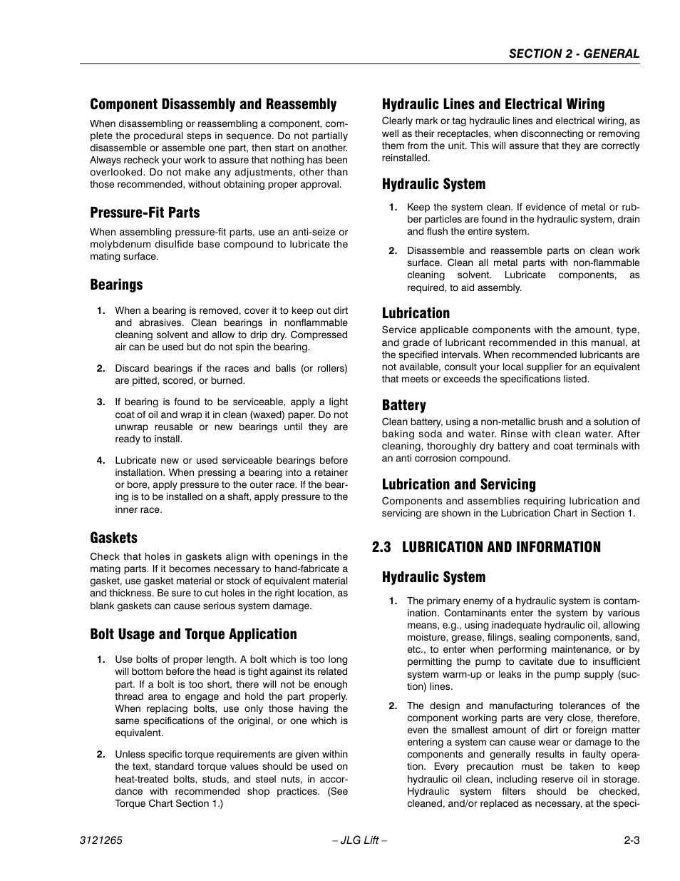 Component disassembly and reassembly, Pressure-fit parts, Bearings | Gaskets, Bolt usage and torque application, Hydraulic lines and electrical wiring, Hydraulic system, Lubrication, Battery, Lubrication and servicing | JLG 1100SB Service Manual User Manual | Page 35 / 444