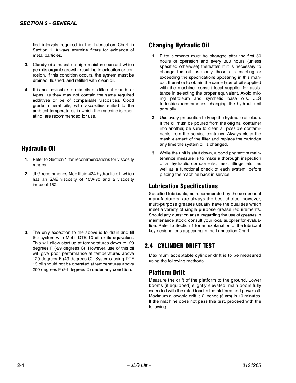 Hydraulic oil, Changing hydraulic oil, Lubrication specifications | 4 cylinder drift test, Platform drift, Cylinder drift test -4, Platform drift -4 | JLG 1100SB Service Manual User Manual | Page 36 / 444