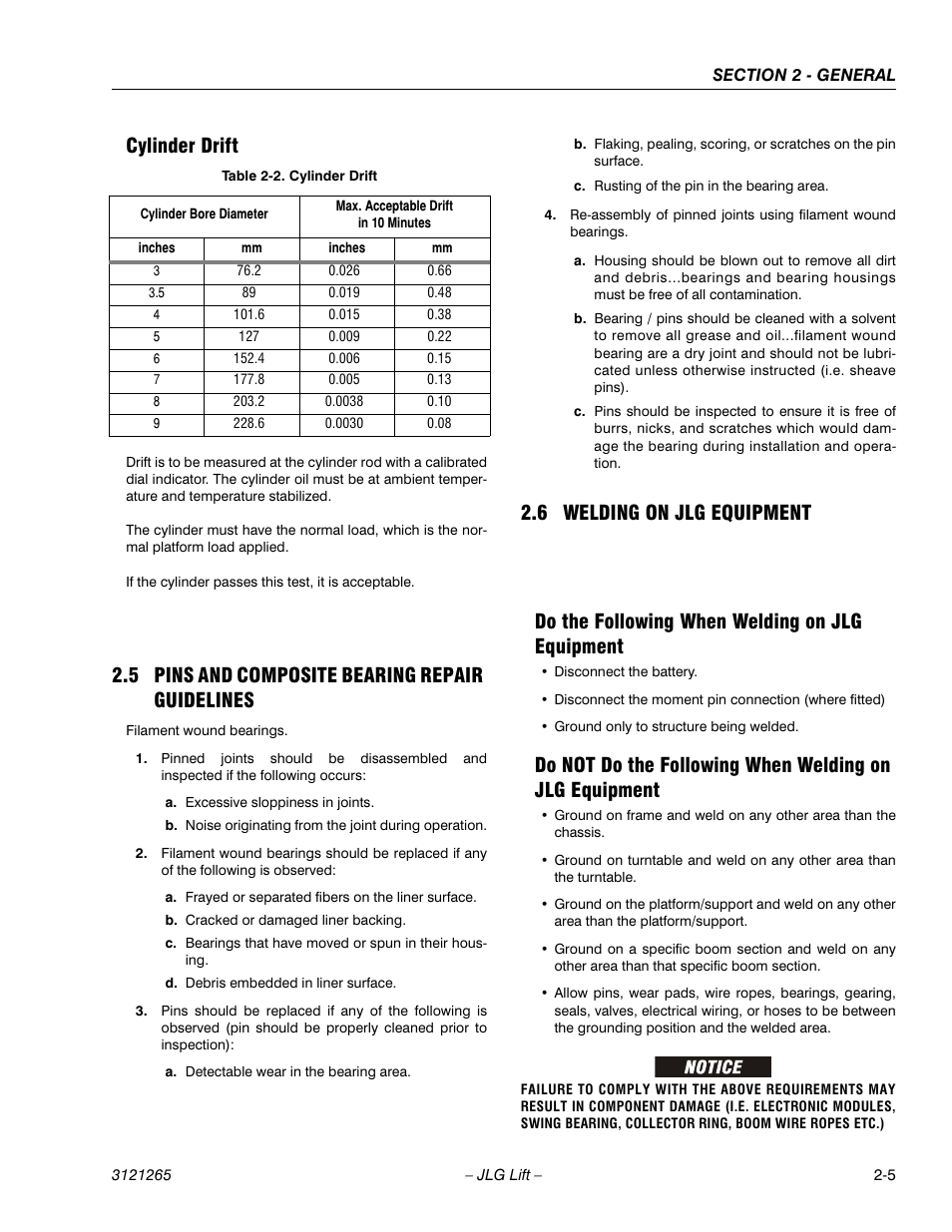 Cylinder drift, 5 pins and composite bearing repair guidelines, 6 welding on jlg equipment | Do the following when welding on jlg equipment, Cylinder drift -5, Pins and composite bearing repair guidelines -5, Welding on jlg equipment -5 | JLG 1100SB Service Manual User Manual | Page 37 / 444
