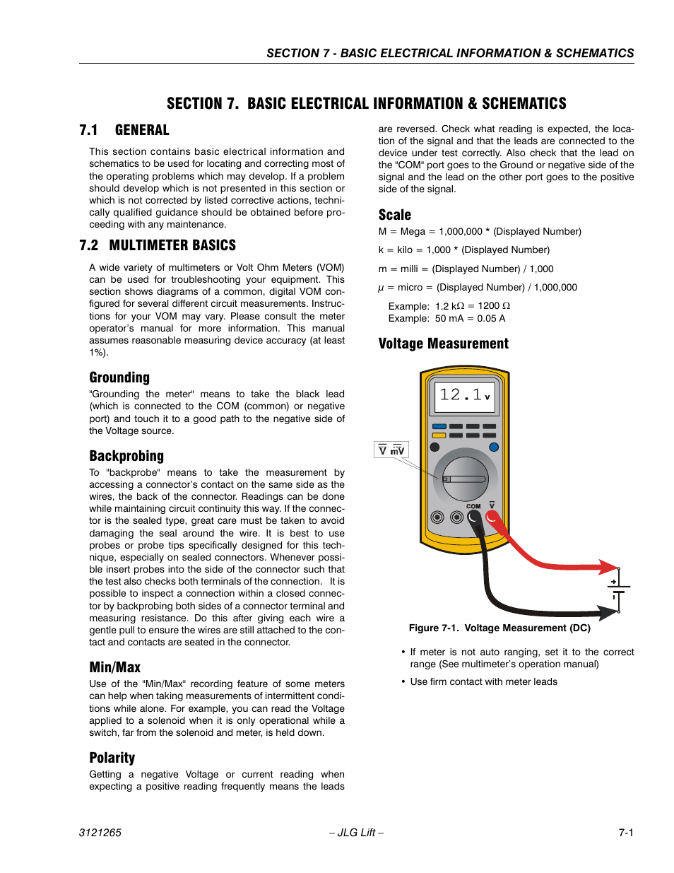 1 general, 2 multimeter basics, Grounding | Backprobing, Min/max, Polarity, Scale, Voltage measurement, General -1, Multimeter basics -1 | JLG 1100SB Service Manual User Manual | Page 415 / 444