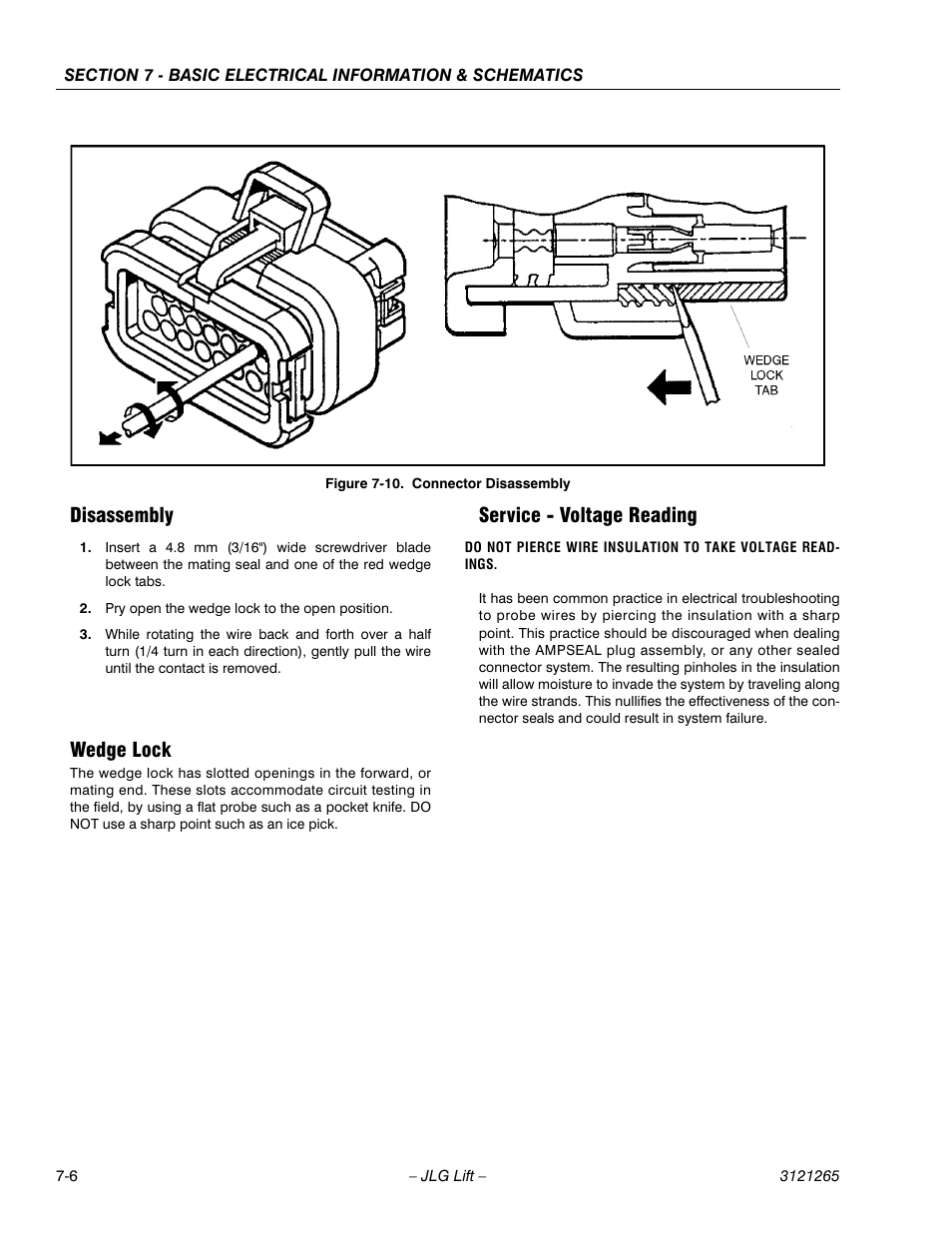 Disassembly, Wedge lock, Service - voltage reading | Connector disassembly -6 | JLG 1100SB Service Manual User Manual | Page 420 / 444