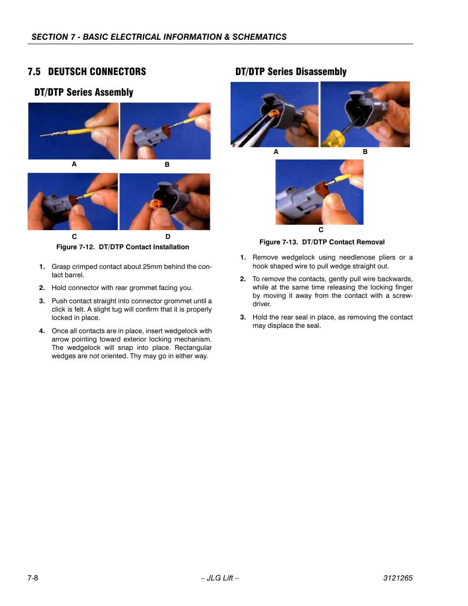 5 deutsch connectors, Dt/dtp series assembly, Dt/dtp series disassembly | Deutsch connectors -8, Dt/dtp contact installation -8, Dt/dtp contact removal -8, 5 deutsch connectors dt/dtp series assembly | JLG 1100SB Service Manual User Manual | Page 422 / 444