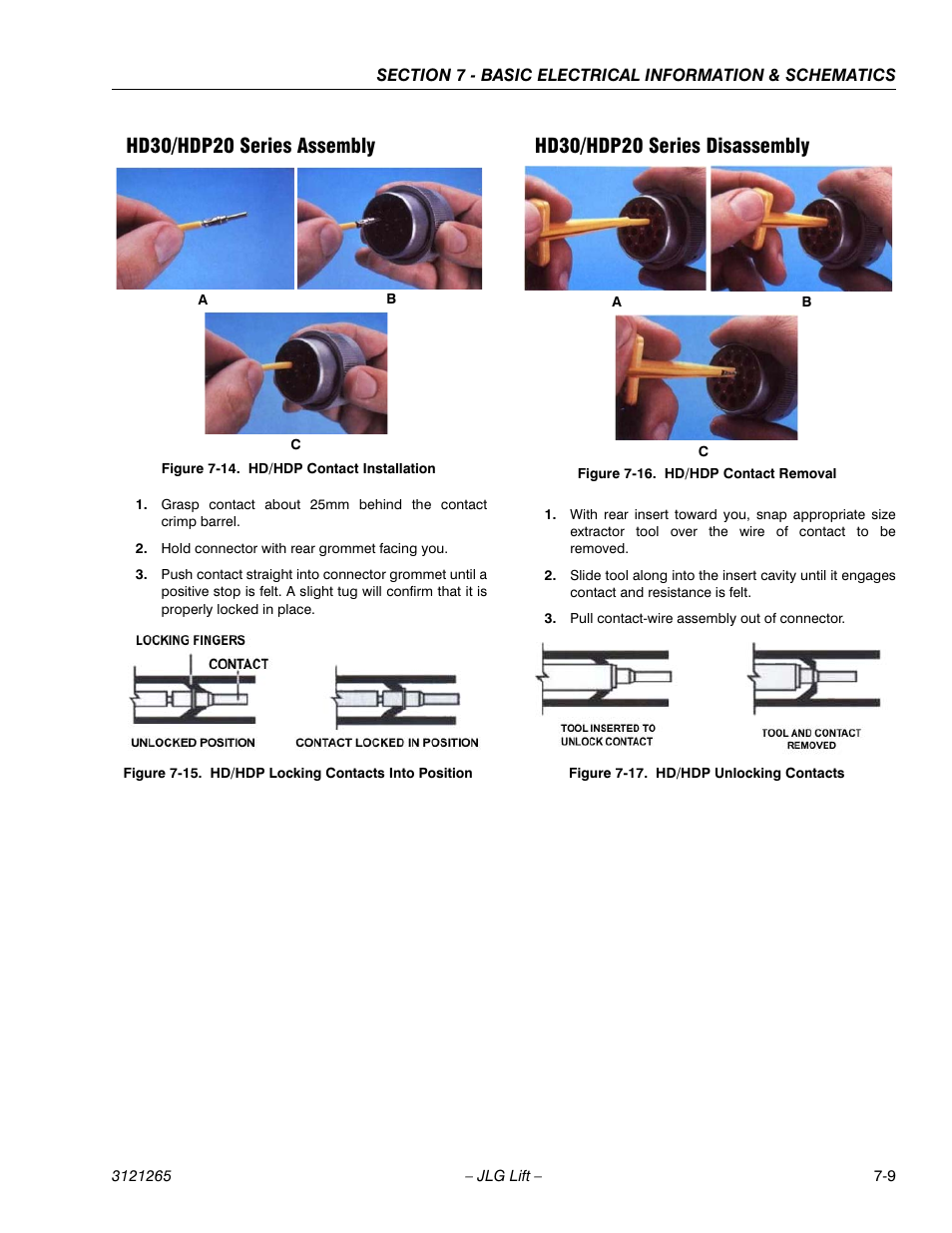 Hd30/hdp20 series assembly, Hd30/hdp20 series disassembly, Hd/hdp contact installation -9 | Hd/hdp locking contacts into position -9, Hd/hdp contact removal -9, Hd/hdp unlocking contacts -9 | JLG 1100SB Service Manual User Manual | Page 423 / 444