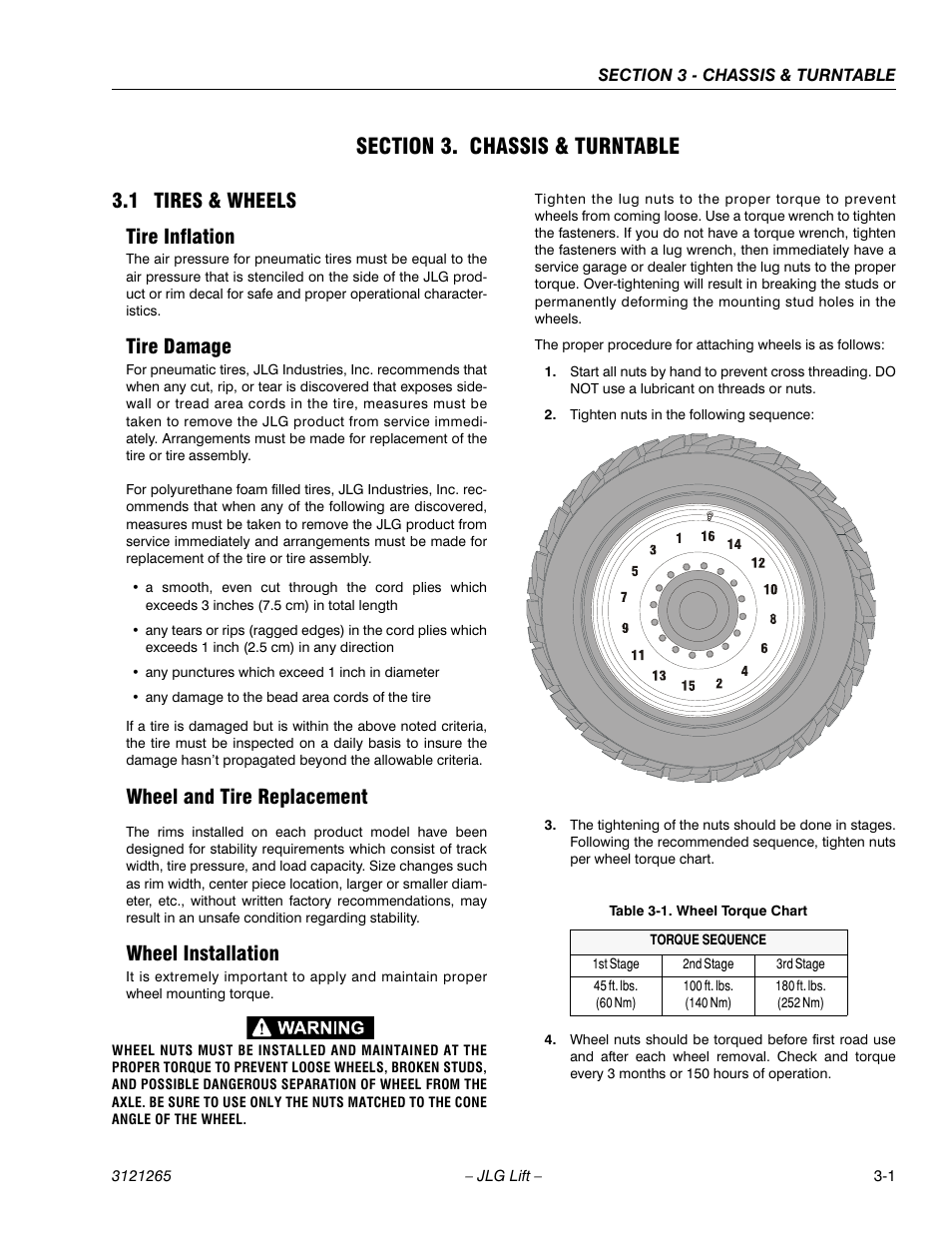 Section 3. chassis & turntable, 1 tires & wheels, Tire inflation | Tire damage, Wheel and tire replacement, Wheel installation, Section 3 - chassis & turntable, Tires & wheels -1, Wheel torque chart -1, 1 tires & wheels tire inflation | JLG 1100SB Service Manual User Manual | Page 43 / 444