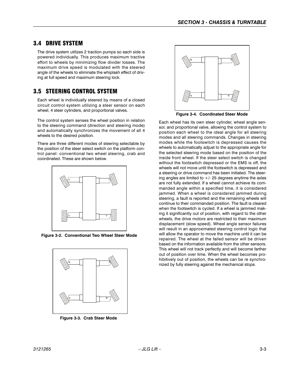 4 drive system, 5 steering control system, Drive system -3 | Steering control system -3, Conventional two wheel steer mode -3, Crab steer mode -3, Coordinated steer mode -3 | JLG 1100SB Service Manual User Manual | Page 45 / 444
