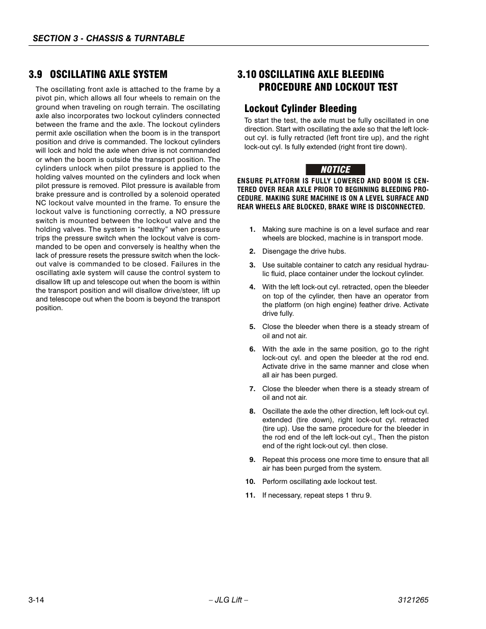 9 oscillating axle system, Lockout cylinder bleeding, Oscillating axle system -14 | Lockout cylinder bleeding -14 | JLG 1100SB Service Manual User Manual | Page 56 / 444