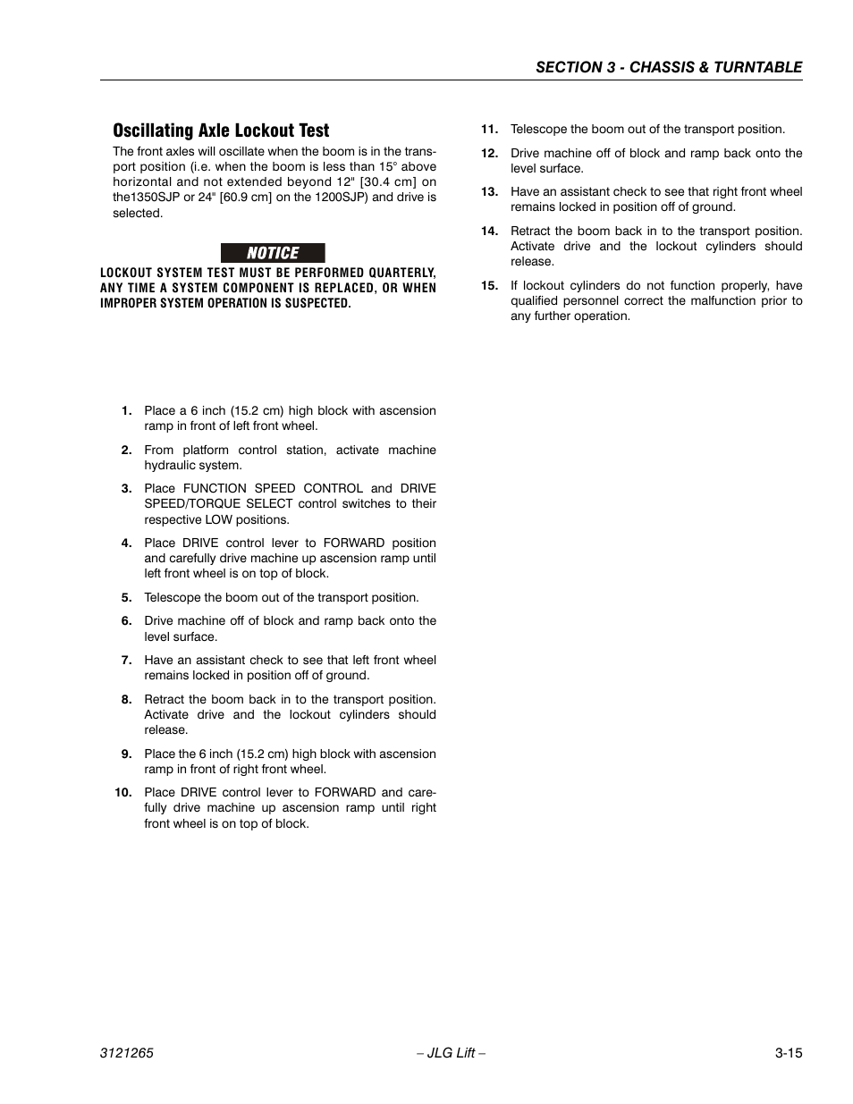 Oscillating axle lockout test, Oscillating axle lockout test -15 | JLG 1100SB Service Manual User Manual | Page 57 / 444
