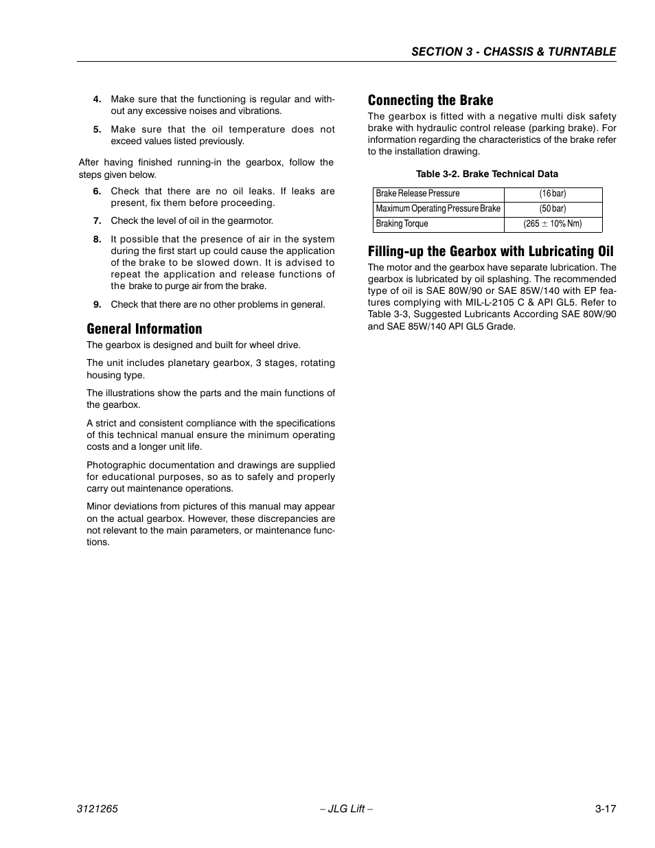 General information, Connecting the brake, Filling-up the gearbox with lubricating oil | Brake technical data -17 | JLG 1100SB Service Manual User Manual | Page 59 / 444