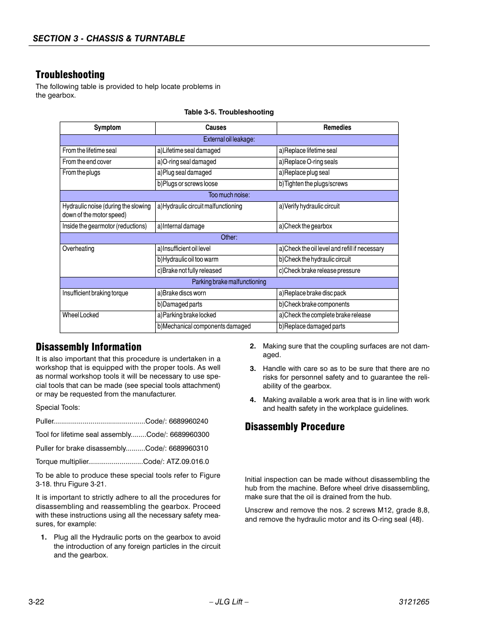 Troubleshooting, Disassembly information, Disassembly procedure | Troubleshooting -22 | JLG 1100SB Service Manual User Manual | Page 64 / 444