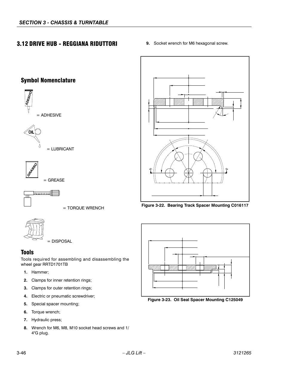 12 drive hub - reggiana riduttori, Symbol nomenclature, Tools | Drive hub - reggiana riduttori -46, Symbol nomenclature -46 tools -46, Bearing track spacer mounting c016117 -46, Oil seal spacer mounting c125049 -46, M- 1326, M- 1537 | JLG 1100SB Service Manual User Manual | Page 88 / 444