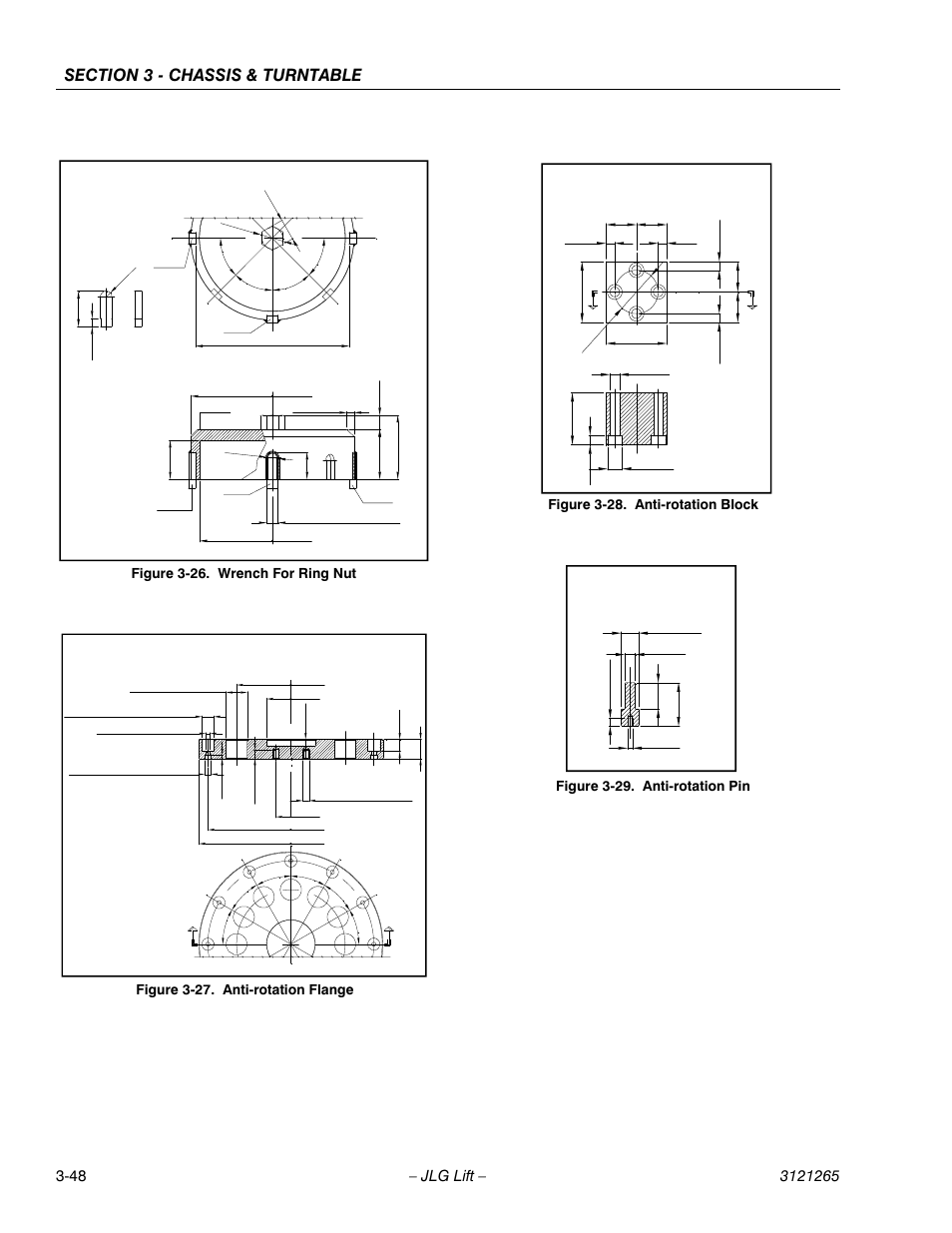 Wrench for ring nut -48, Anti-rotation flange -48, Anti-rotation block -48 | Anti-rotation pin -48, M- 1020, M- 1126, M- 1125, Figure 3-26. wrench for ring nut, Figure 3-27. anti-rotation flange, Figure 3-28. anti-rotation block | JLG 1100SB Service Manual User Manual | Page 90 / 444