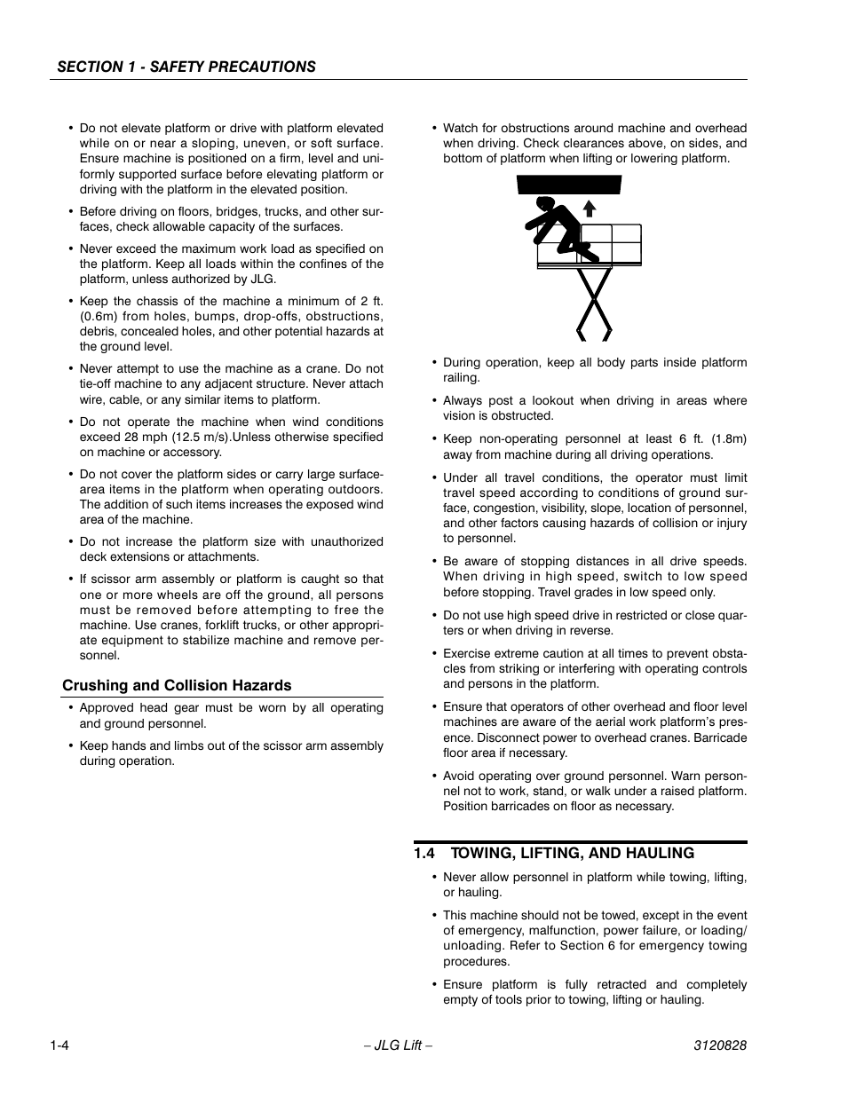 Crushing and collision hazards, 4 towing, lifting, and hauling, Towing, lifting, and hauling -4 | JLG 500RTS Operator Manual User Manual | Page 12 / 46