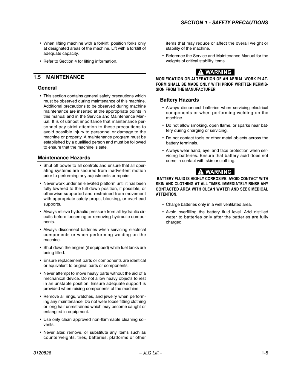 5 maintenance, General, Maintenance hazards | Battery hazards, Maintenance -5 | JLG 500RTS Operator Manual User Manual | Page 13 / 46