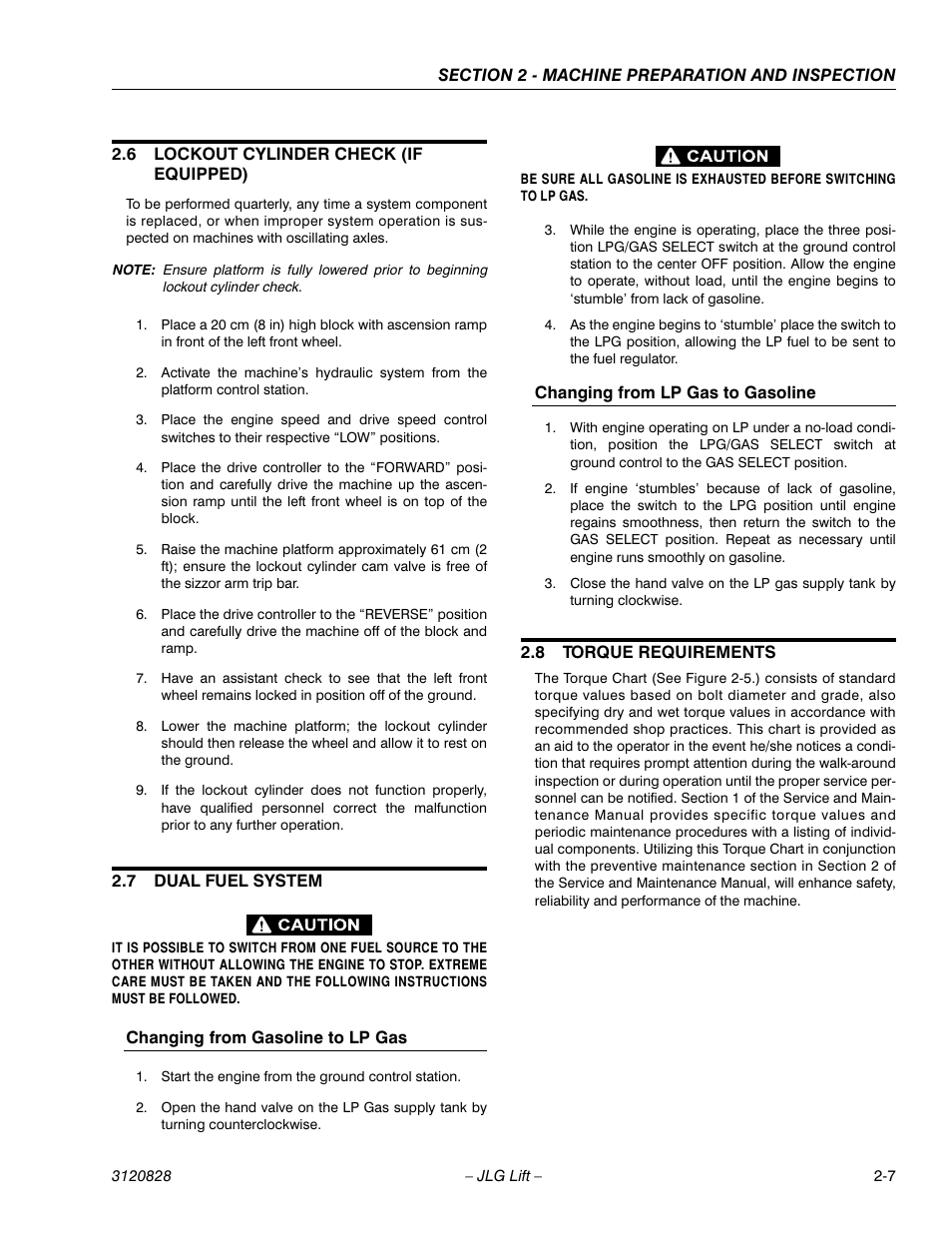 6 lockout cylinder check (if equipped), 7 dual fuel system, Changing from gasoline to lp gas | Changing from lp gas to gasoline, 8 torque requirements, Lockout cylinder check (if equipped) -7, Dual fuel system -7, Torque requirements -7 | JLG 500RTS Operator Manual User Manual | Page 21 / 46