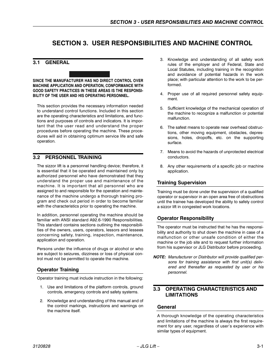 1 general, 2 personnel training, Operator training | Training supervision, Operator responsibility, 3 operating characteristics and limitations, General, General -1, Personnel training -1, Operating characteristics and limitations -1 | JLG 500RTS Operator Manual User Manual | Page 25 / 46