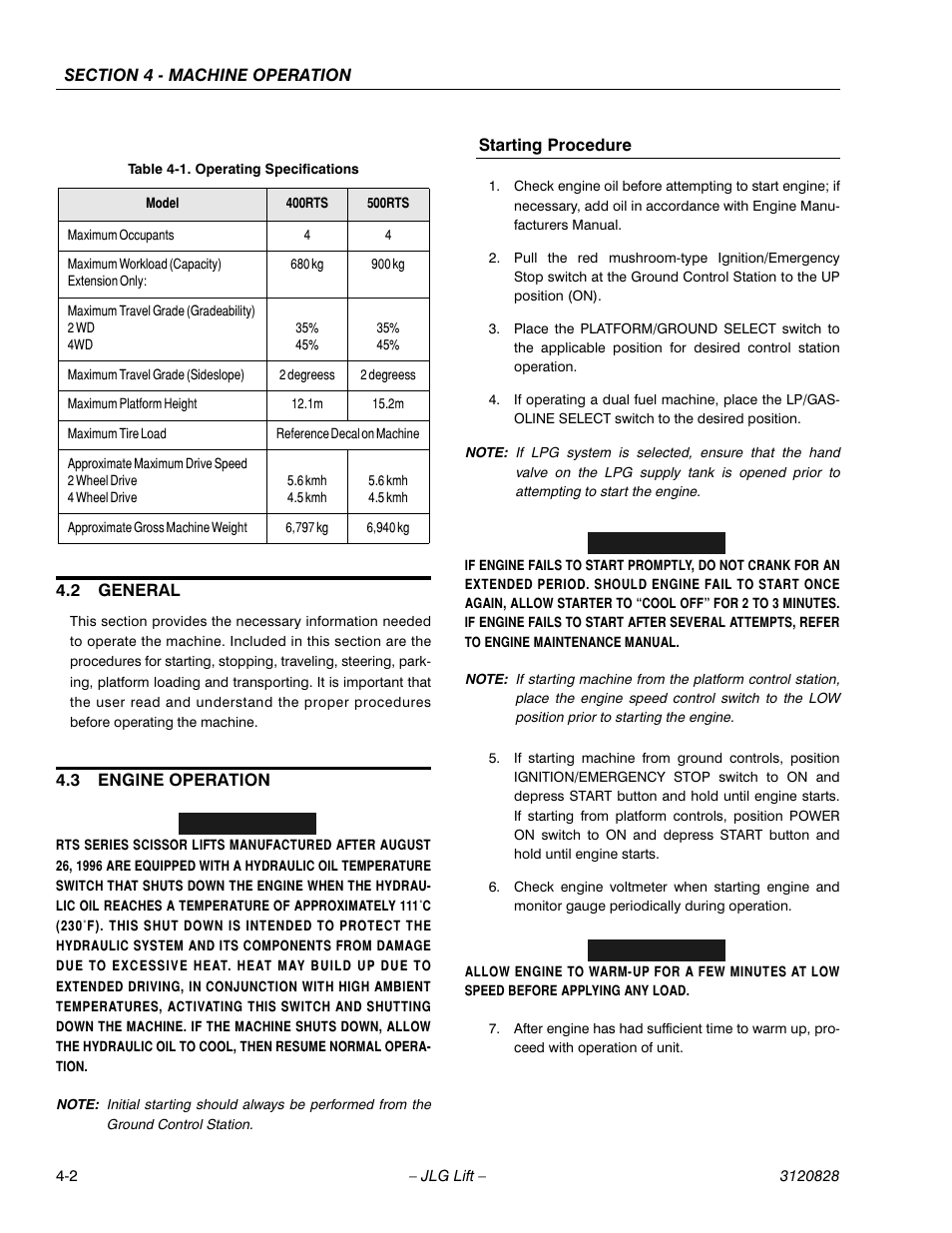 2 general, 3 engine operation, Starting procedure | General -2, Engine operation -2, Operating specifications -2 | JLG 500RTS Operator Manual User Manual | Page 34 / 46