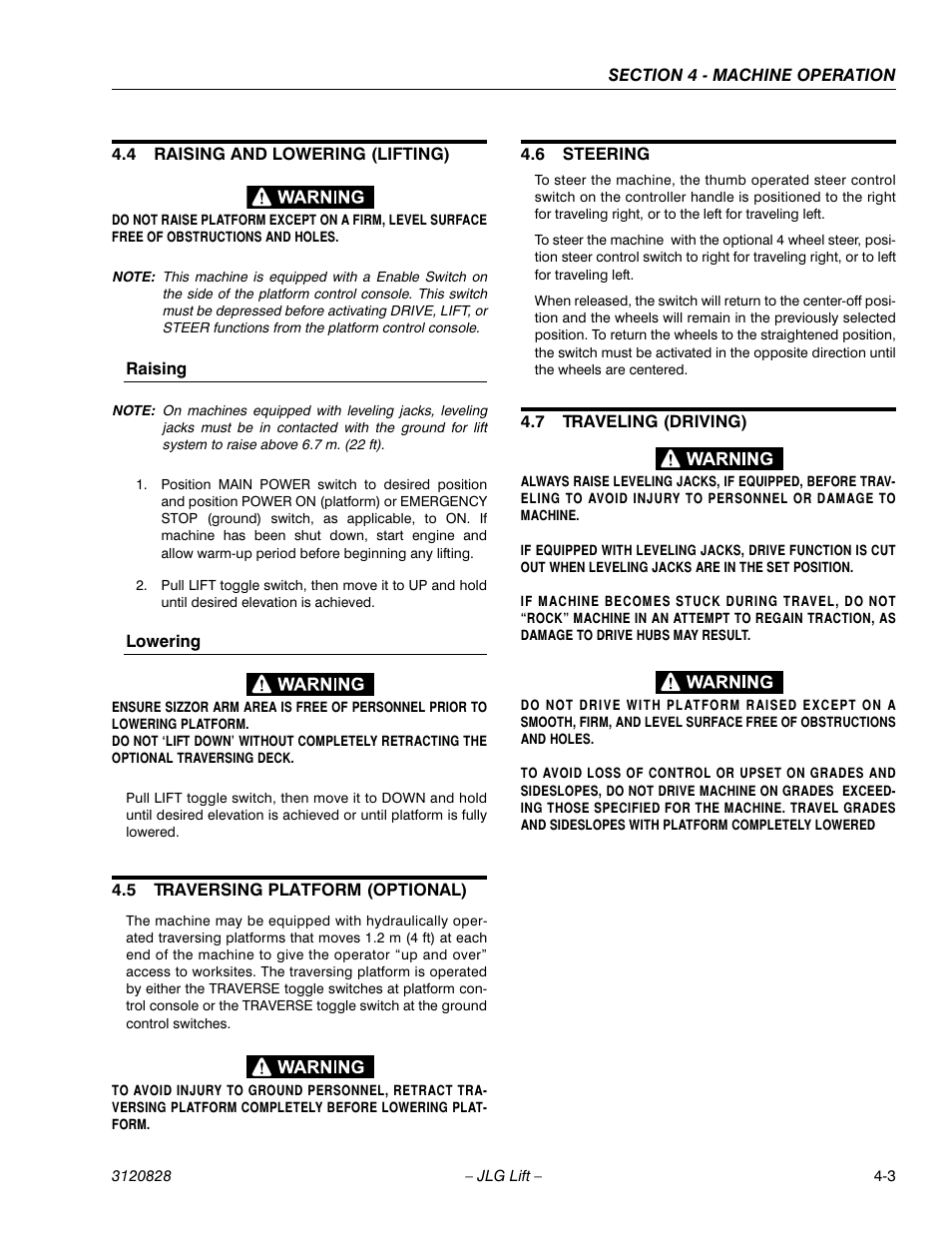 4 raising and lowering (lifting), Raising, Lowering | 5 traversing platform (optional), 6 steering, 7 traveling (driving), Raising and lowering (lifting) -3, Traversing platform (optional) -3, Steering -3, Traveling (driving) -3 | JLG 500RTS Operator Manual User Manual | Page 35 / 46