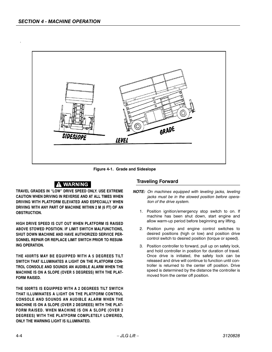 Traveling forward, Grade and sideslope -4 | JLG 500RTS Operator Manual User Manual | Page 36 / 46