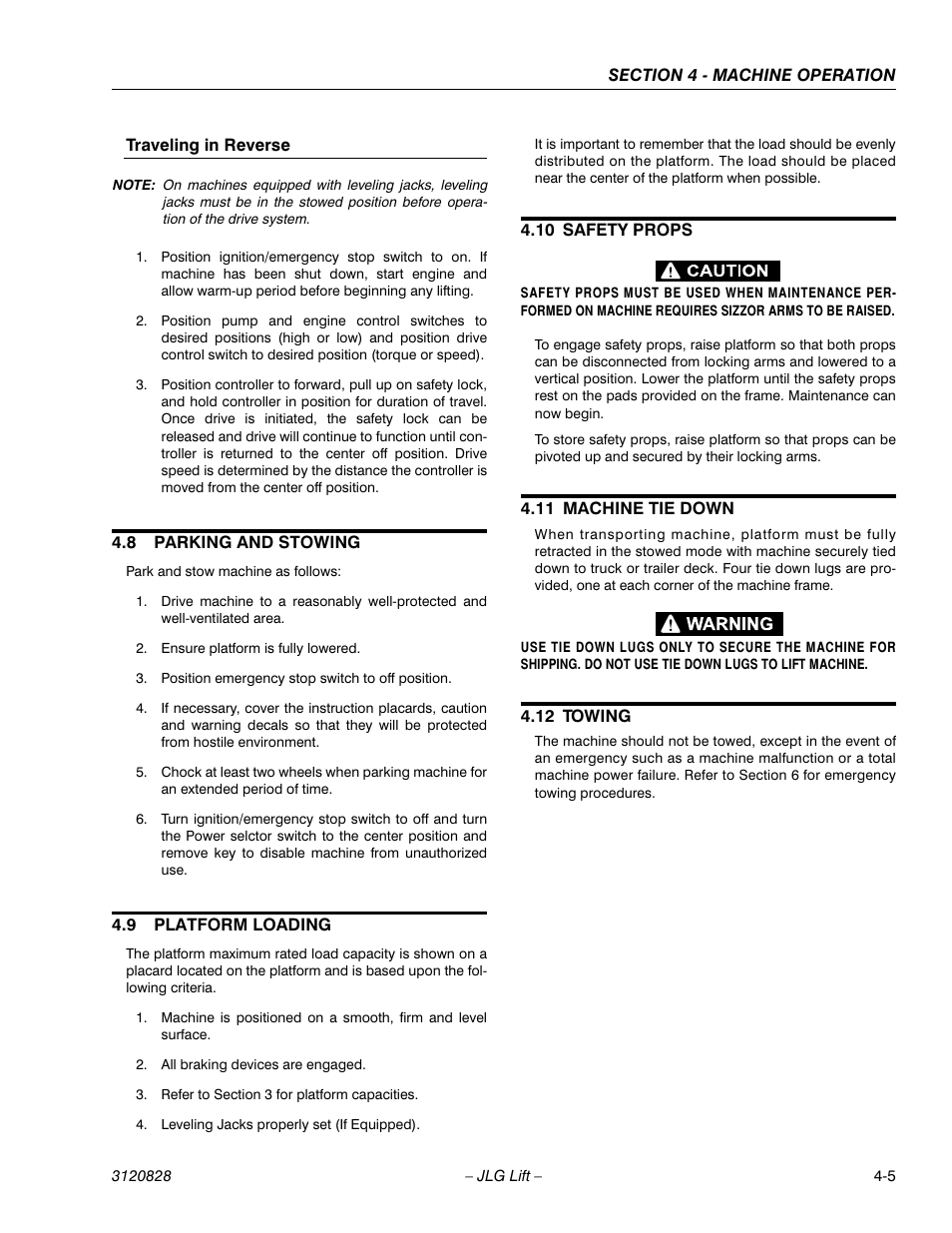 Traveling in reverse, 8 parking and stowing, 9 platform loading | 10 safety props, 11 machine tie down, 12 towing, Parking and stowing -5, Platform loading -5, Safety props -5, Machine tie down -6 | JLG 500RTS Operator Manual User Manual | Page 37 / 46