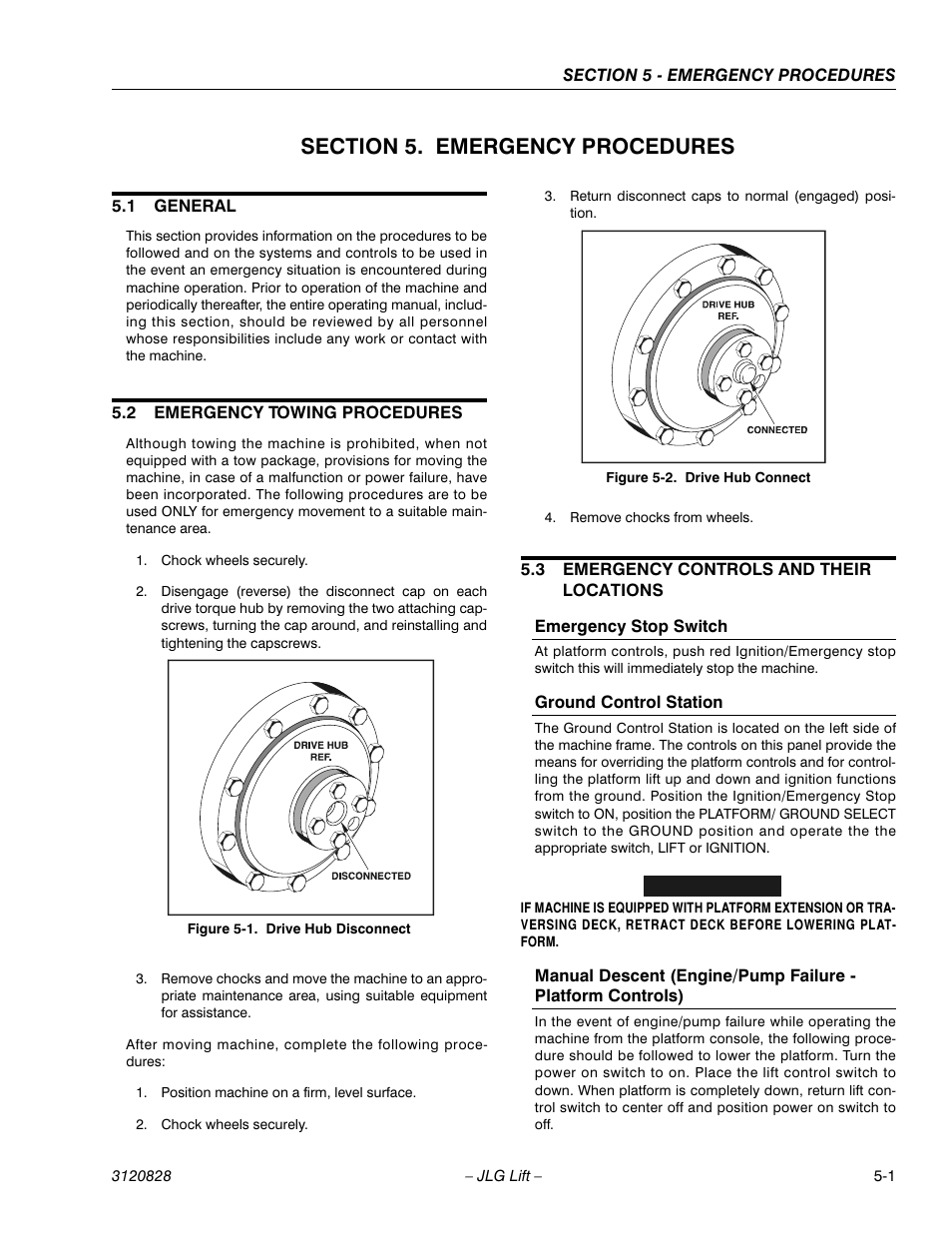 Section 5. emergency procedures, 1 general, 2 emergency towing procedures | 3 emergency controls and their locations, Emergency stop switch, Ground control station, Section 5 - emergency procedures, General -1, Emergency towing procedures -1, Emergency controls and their locations -1 | JLG 500RTS Operator Manual User Manual | Page 39 / 46