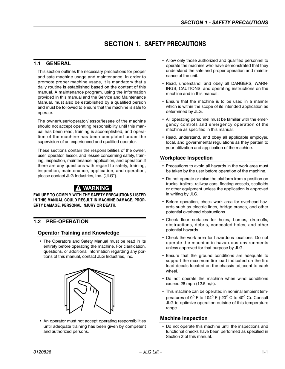 Section 1. safety precautions, 1 general, 2 pre-operation | Operator training and knowledge, Workplace inspection, Machine inspection, Section 1 - safety precautions, General -1, Pre-operation -1 | JLG 500RTS Operator Manual User Manual | Page 9 / 46