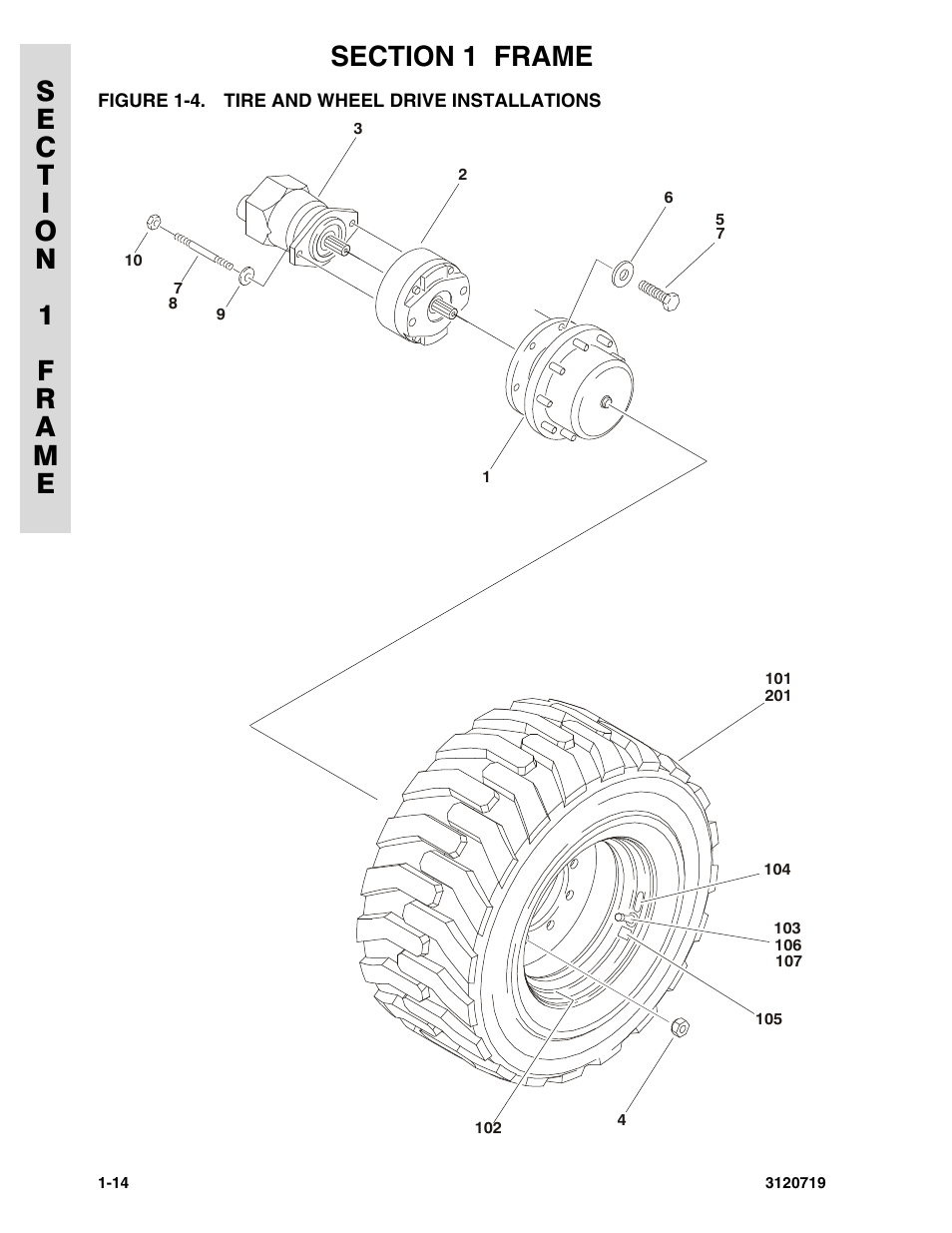 Figure 1-4. tire and wheel drive installations, Tire and wheel drive installations -14 | JLG 600A_AJ Parts Manual User Manual | Page 22 / 396