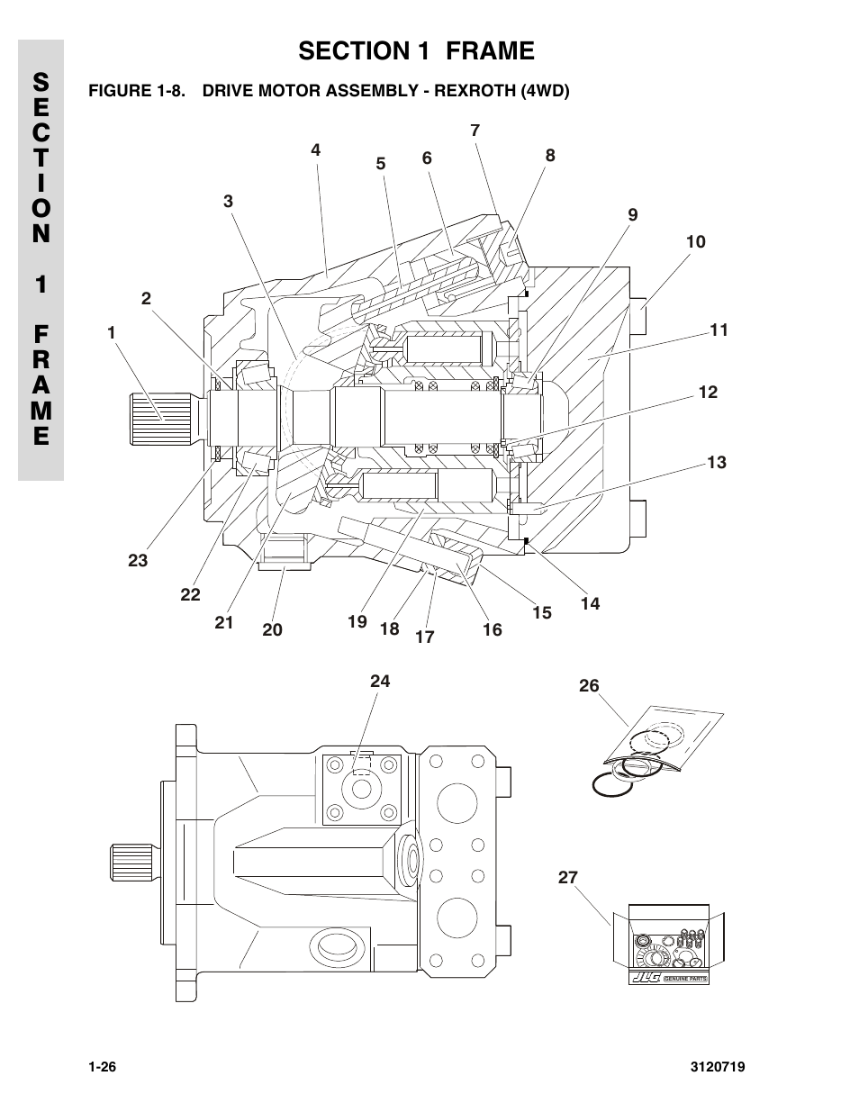 Figure 1-8. drive motor assembly - rexroth (4wd), Drive motor assembly - rexroth (4wd) -26 | JLG 600A_AJ Parts Manual User Manual | Page 34 / 396