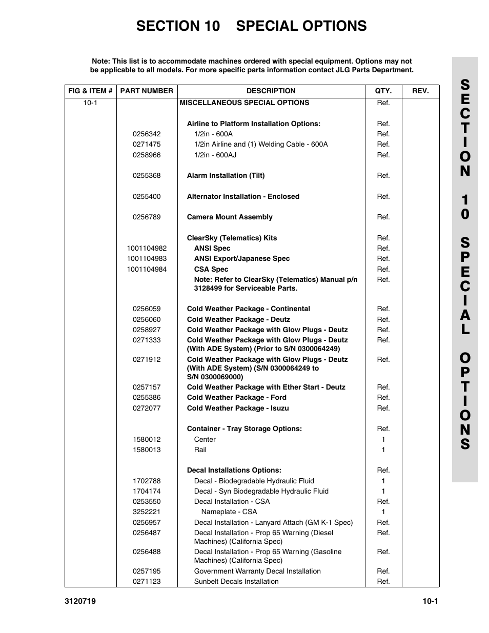 Section 10 special options, Section 10 - special options -1 | JLG 600A_AJ Parts Manual User Manual | Page 375 / 396