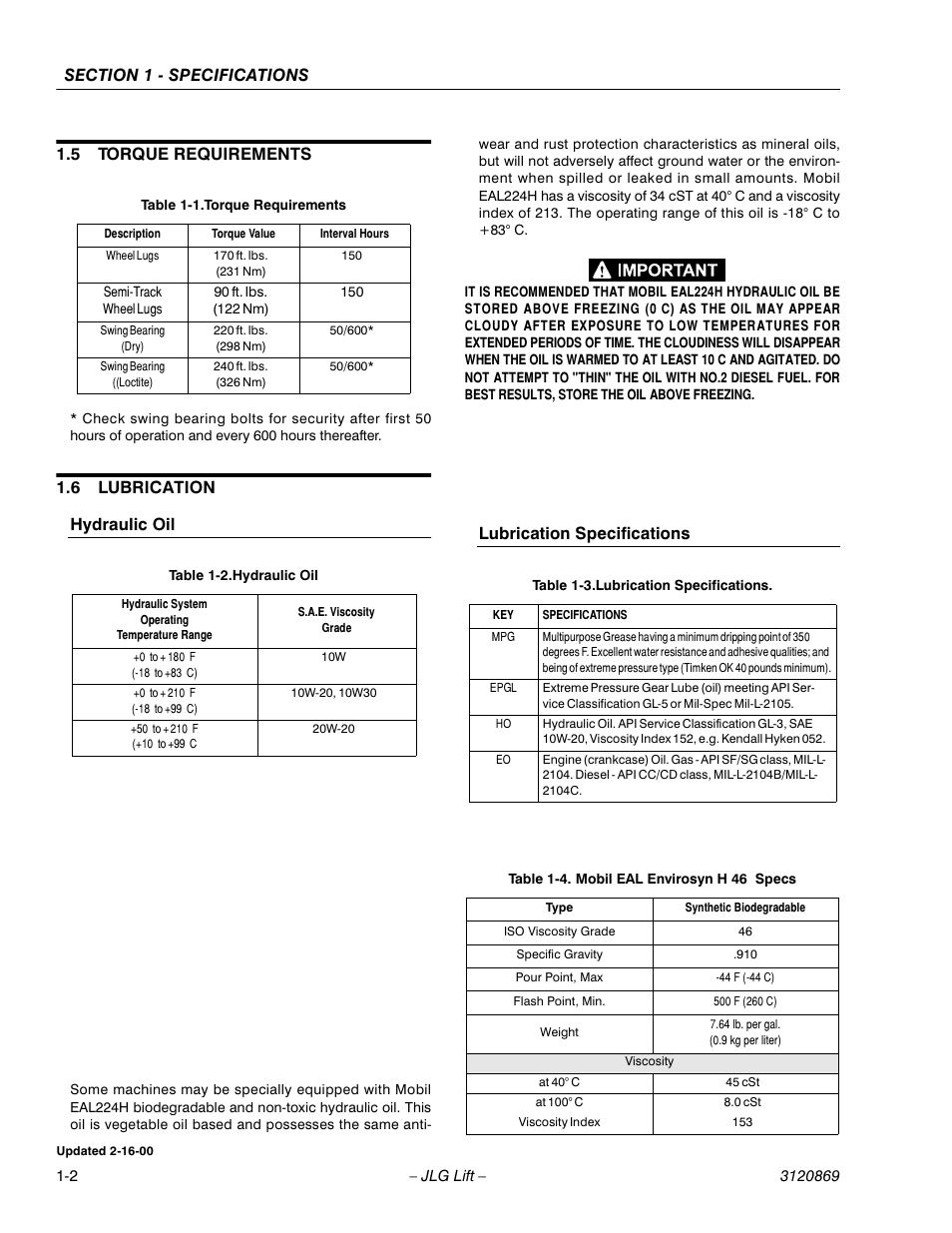 5 torque requirements, 6 lubrication hydraulic oil, Lubrication specifications | JLG 450AJ Service Manual User Manual | Page 10 / 116