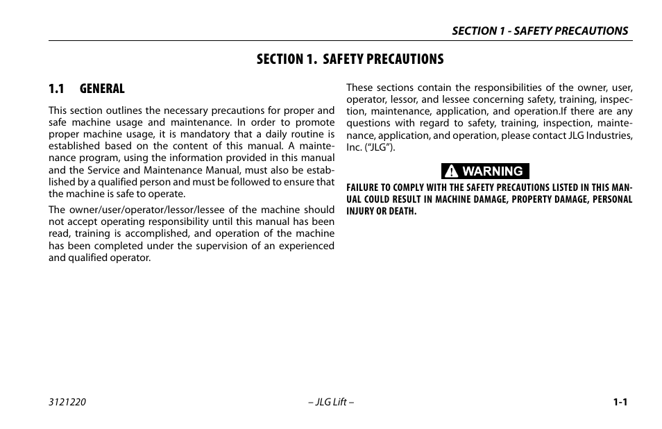 Section 1. safety precautions, 1 general, Section - 1 - safety precautions | General -1 | JLG M4069 Operator Manual User Manual | Page 11 / 84