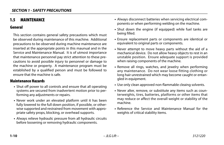 5 maintenance, General, Maintenance hazards | Maintenance -9, General -9 maintenance hazards -10 | JLG M4069 Operator Manual User Manual | Page 20 / 84