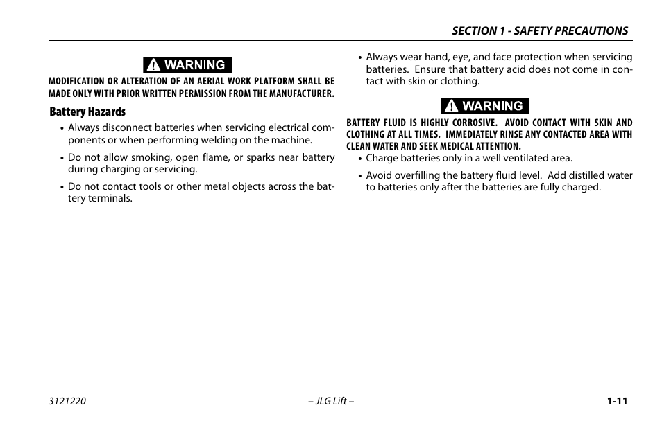 Battery hazards, Battery hazards -10 | JLG M4069 Operator Manual User Manual | Page 21 / 84