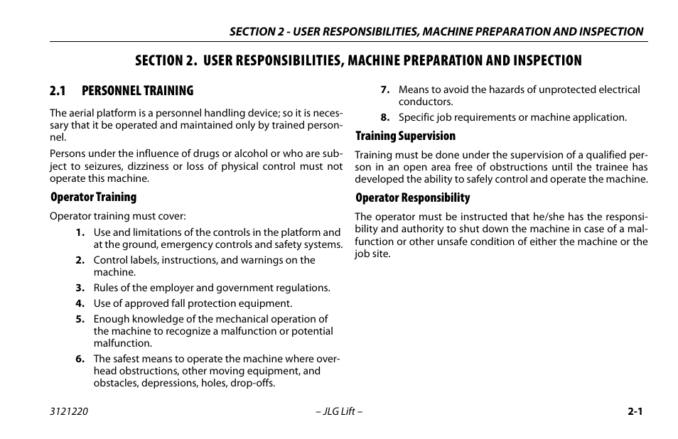 1 personnel training, Operator training, Training supervision | Operator responsibility, Personnel training -1 | JLG M4069 Operator Manual User Manual | Page 23 / 84