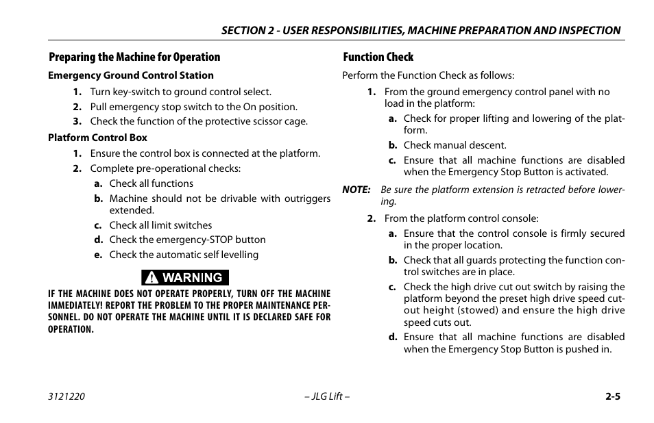 Preparing the machine for operation, Function check | JLG M4069 Operator Manual User Manual | Page 27 / 84