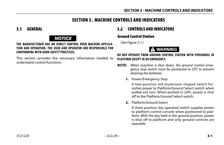 Section 3. machine controls and indicators, 1 general, 2 controls and indicators | Ground control station, Section - 3 - machine controls and indicators, General -1, Controls and indicators -1, Ground control station -1 | JLG M4069 Operator Manual User Manual | Page 35 / 84