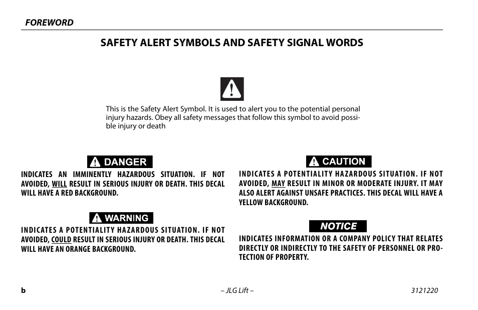 Safety alert symbols and safety signal words | JLG M4069 Operator Manual User Manual | Page 4 / 84