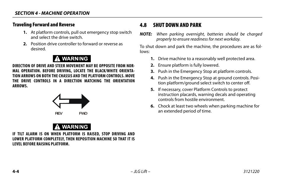 Traveling forward and reverse, 8 shut down and park, Traveling forward and reverse -4 | Shut down and park -4 | JLG M4069 Operator Manual User Manual | Page 58 / 84