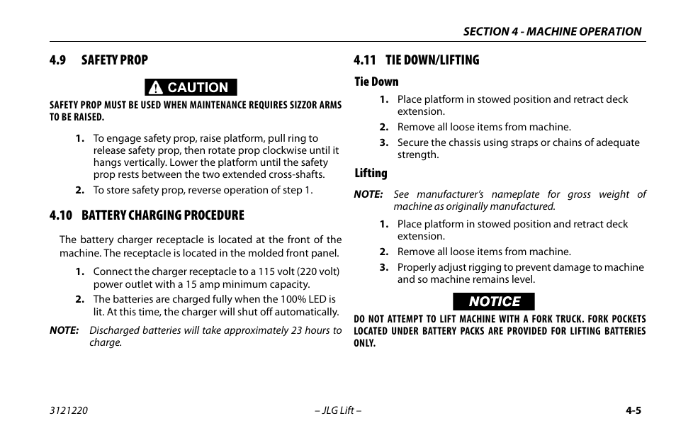 9 safety prop, 10 battery charging procedure, 11 tie down/lifting | Tie down, Lifting, Safety prop -5, Tie down -5 lifting -5 | JLG M4069 Operator Manual User Manual | Page 59 / 84
