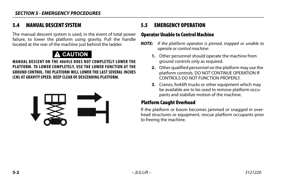 4 manual descent system, 5 emergency operation, Operator unable to control machine | Platform caught overhead, Manual descent system -2, Emergency operation -2 | JLG M4069 Operator Manual User Manual | Page 64 / 84