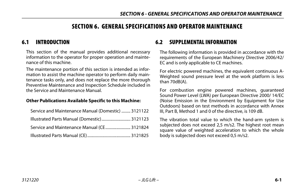 1 introduction, 2 supplemental information, Introduction -1 | Supplemental information -1 | JLG M4069 Operator Manual User Manual | Page 65 / 84