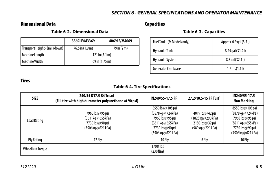 Dimensional data, Capacities, Tires | Dimensional data -5 capacities -5 tires -6, Dimensional data -5, Capacities -5, Tire specifications -6, Dimensional data capacities tires | JLG M4069 Operator Manual User Manual | Page 69 / 84