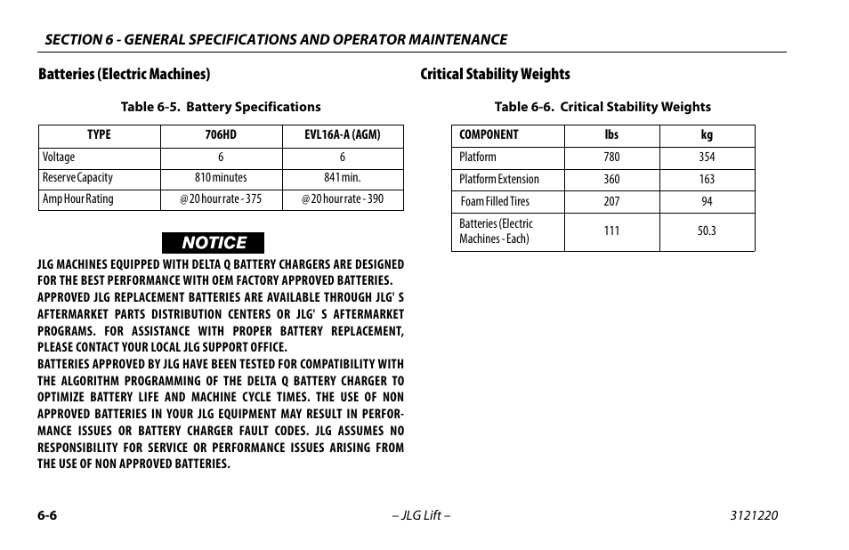 Batteries (electric machines), Critical stability weights, Battery specifications -7 | Critical stability weights -8 | JLG M4069 Operator Manual User Manual | Page 70 / 84