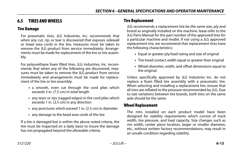 5 tires and wheels, Tire damage, Tire replacement | Wheel replacement, Tires and wheels -14 | JLG M4069 Operator Manual User Manual | Page 77 / 84