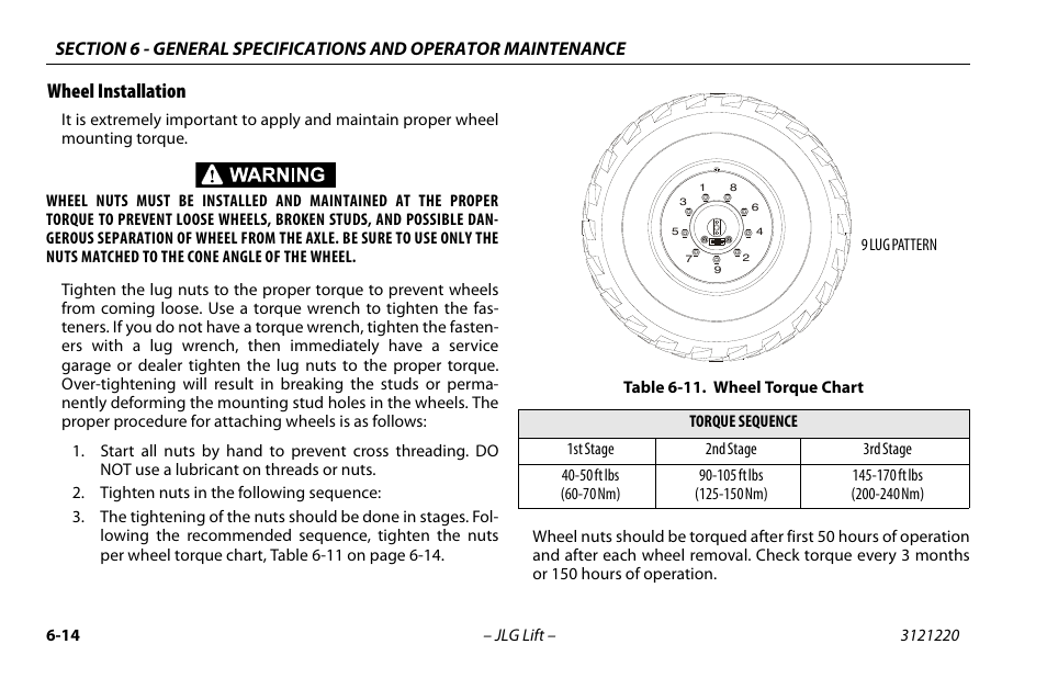 Wheel installation, Wheel installation -15, 11 wheel torque chart -16 | JLG M4069 Operator Manual User Manual | Page 78 / 84