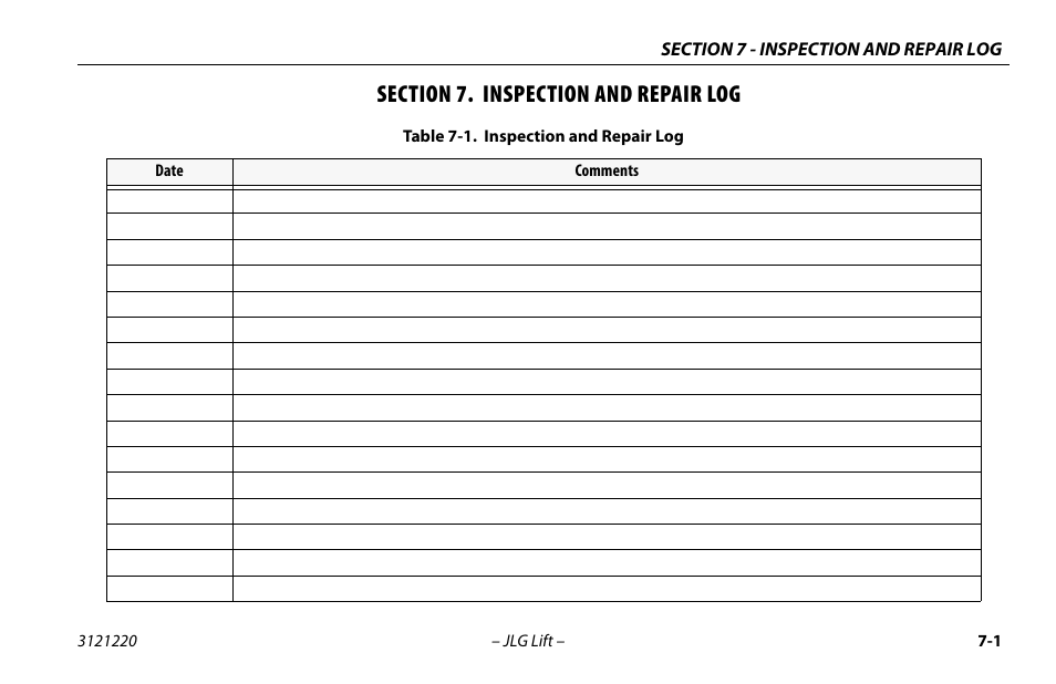 Section 7. inspection and repair log, Section - 7 - inspection and repair log, Inspection and repair log -1 | JLG M4069 Operator Manual User Manual | Page 79 / 84