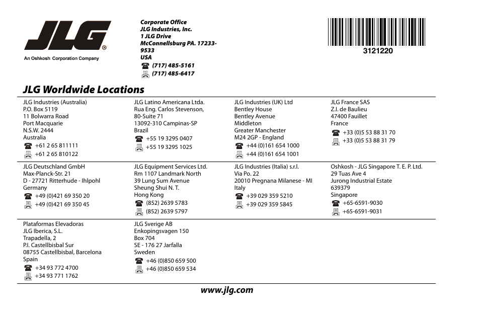 Jlg worldwide locations | JLG M4069 Operator Manual User Manual | Page 84 / 84