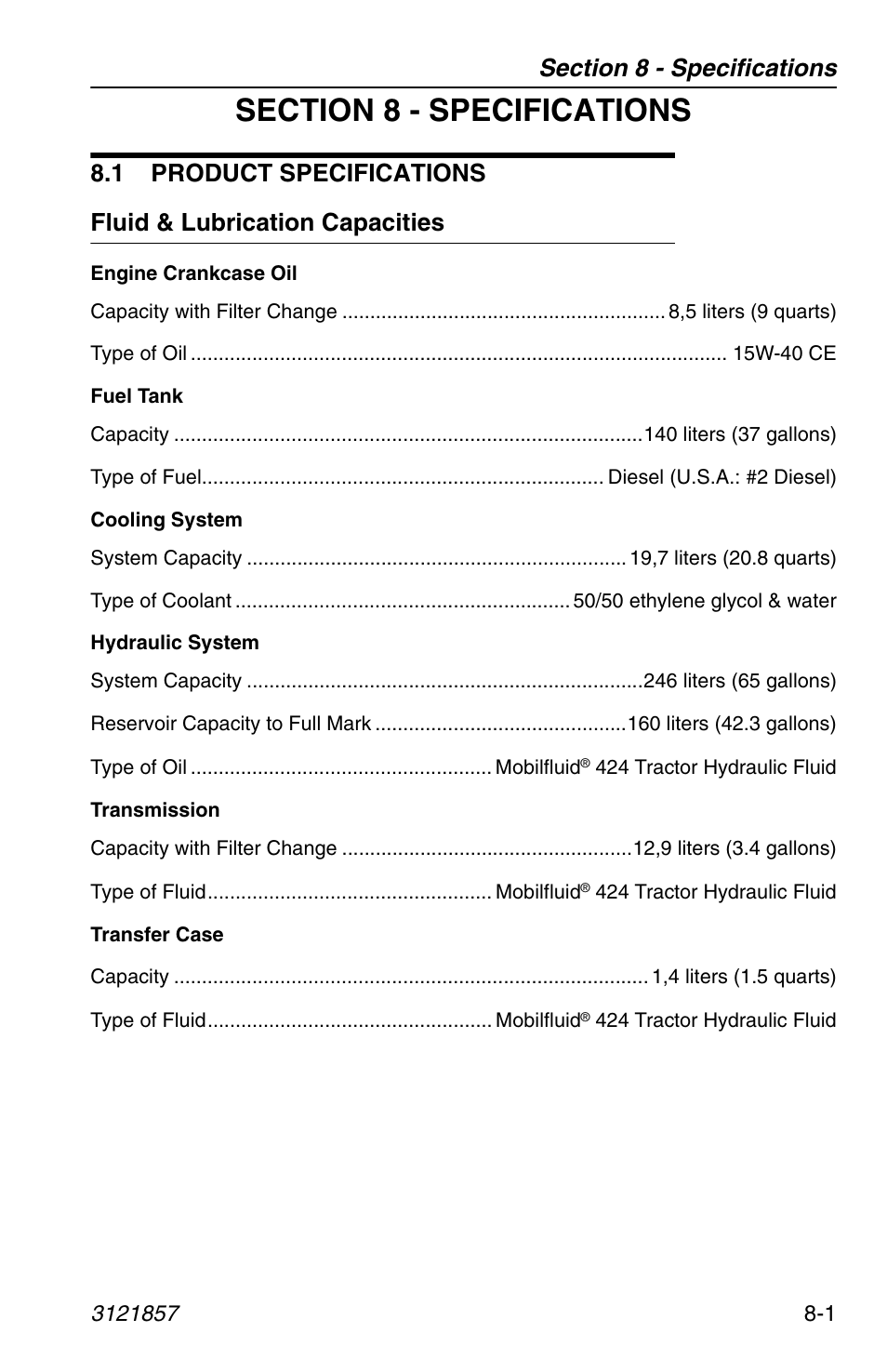 Section 8 - specifications, 1 product specifications, Fluid & lubrication capacities | 1 product specifications -1, Fluid & lubrication capacities -1 | JLG 4017 Operator Manual User Manual | Page 113 / 120